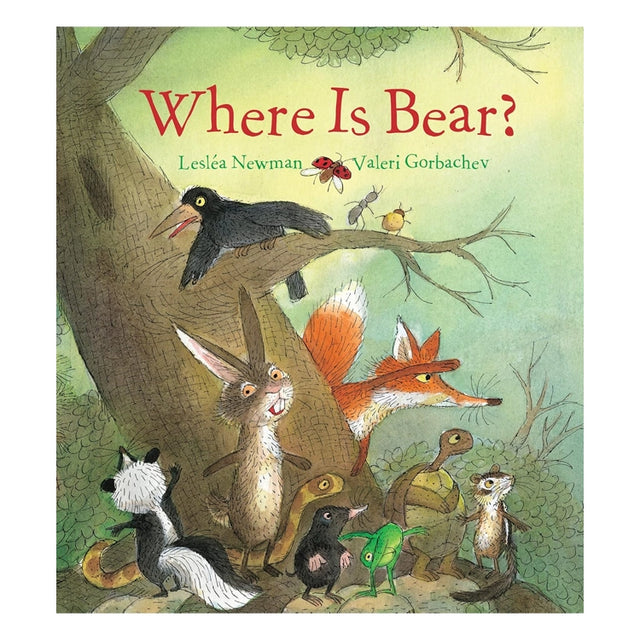 Cover of 'Where Is Bear?' padded board book by Lesléa Newman, showing woodland animals searching for Bear, illustrating a tale of friendship and adventure.
