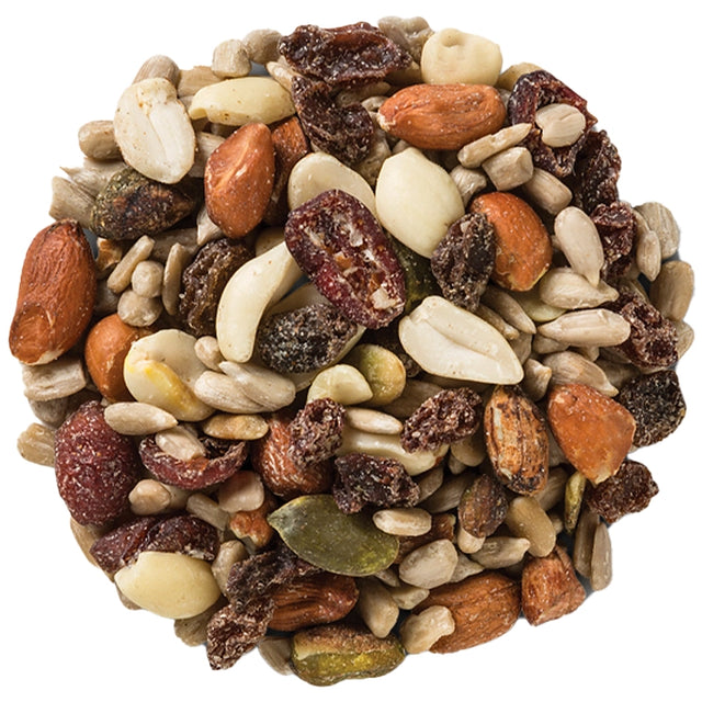 Round circle of wild bird seed that has fruit, nuts and seeds for wild birds.  White background. 