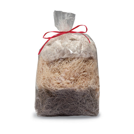 Woodland Treat Basket Refill: A clear cellophane bag with a red ribbon, containing three layers of natural nesting material for birds: cotton, aspen, and Spanish moss.