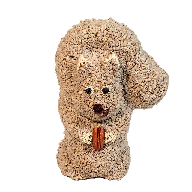 Nutzo Squirrel Wild Bird Seed Feeder, a squirrel-shaped ornament made of sunflower hearts, features pecan halves and darker seeds for eyes, with a jute hanger.