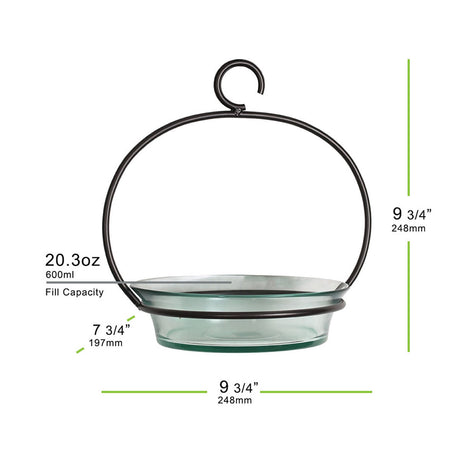 Cuban Bowl & Metal Hanger, 5 Colors; glass bowl in metal frame with hook, 9¾″ size, 20 oz capacity, ideal for birds or plants.
