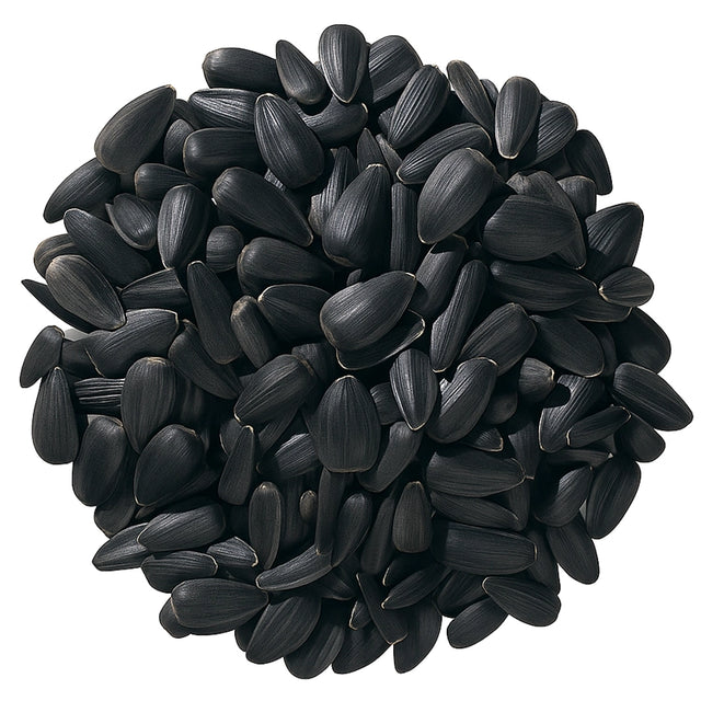 Duncraft Black Oil Sunflower Wild Bird Seed, 5-lb bag, features a pile of black sunflower seeds, ideal for small birds with its thin shell and high energy.