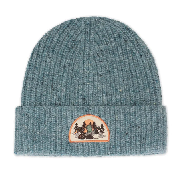 Duck Trio Wool Blend Beanie, Lake; teal knitted beanie with a folded cuff featuring a patch of three duck heads with a nature backdrop.